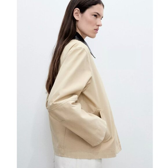 MANGO Cotton Barn Jacket w/ Leather Collar, Medium - Picture 3 of 10